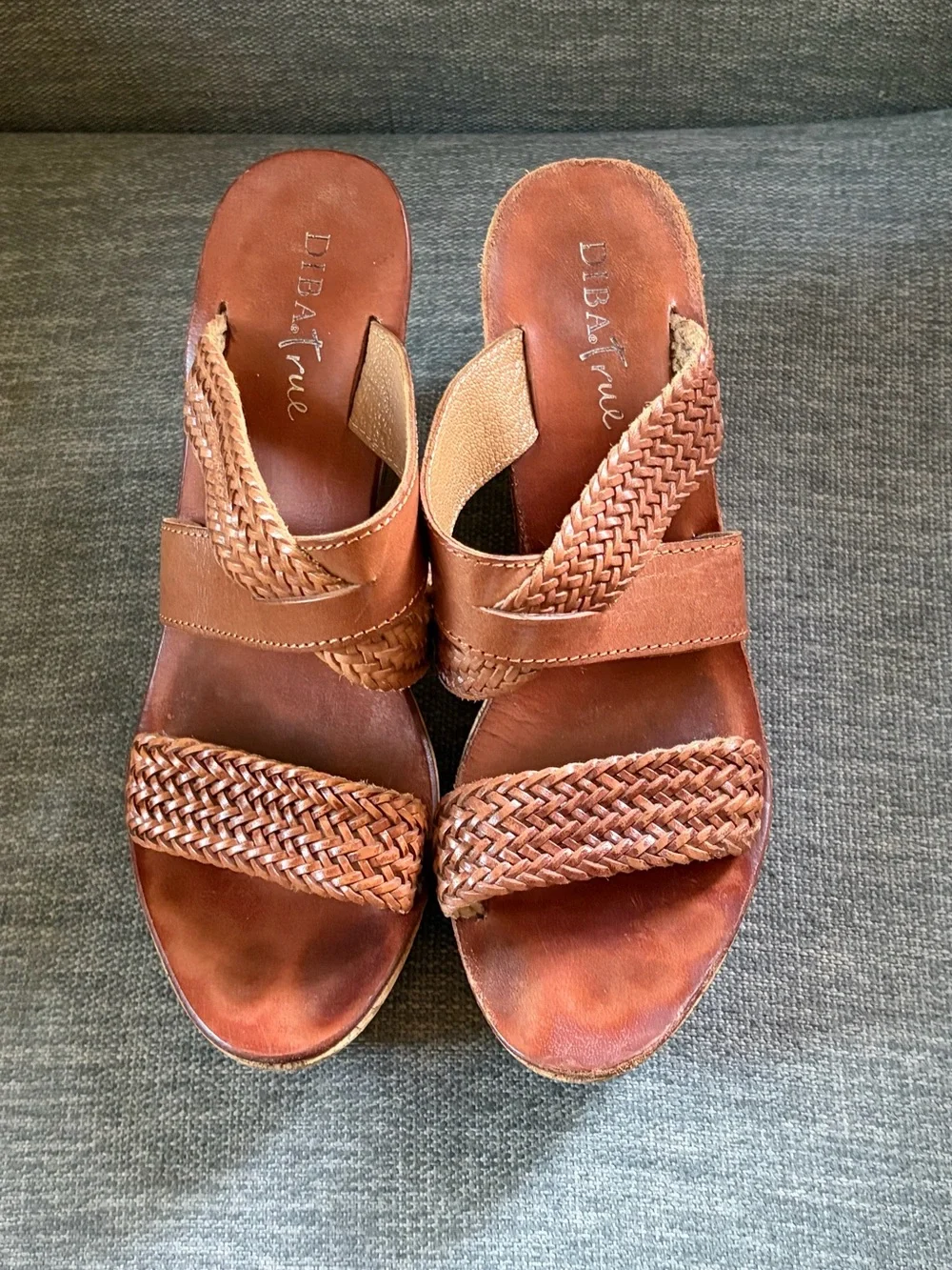 Diba True Woven Leather Cork Wedge Cognac Brown Slide Mules size 7.5